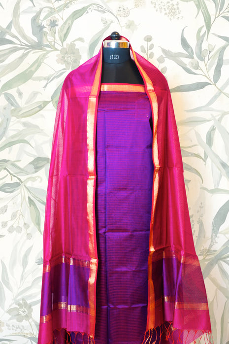 Purple & Magenta Hand Woven Maheshwari Silk Dress Material