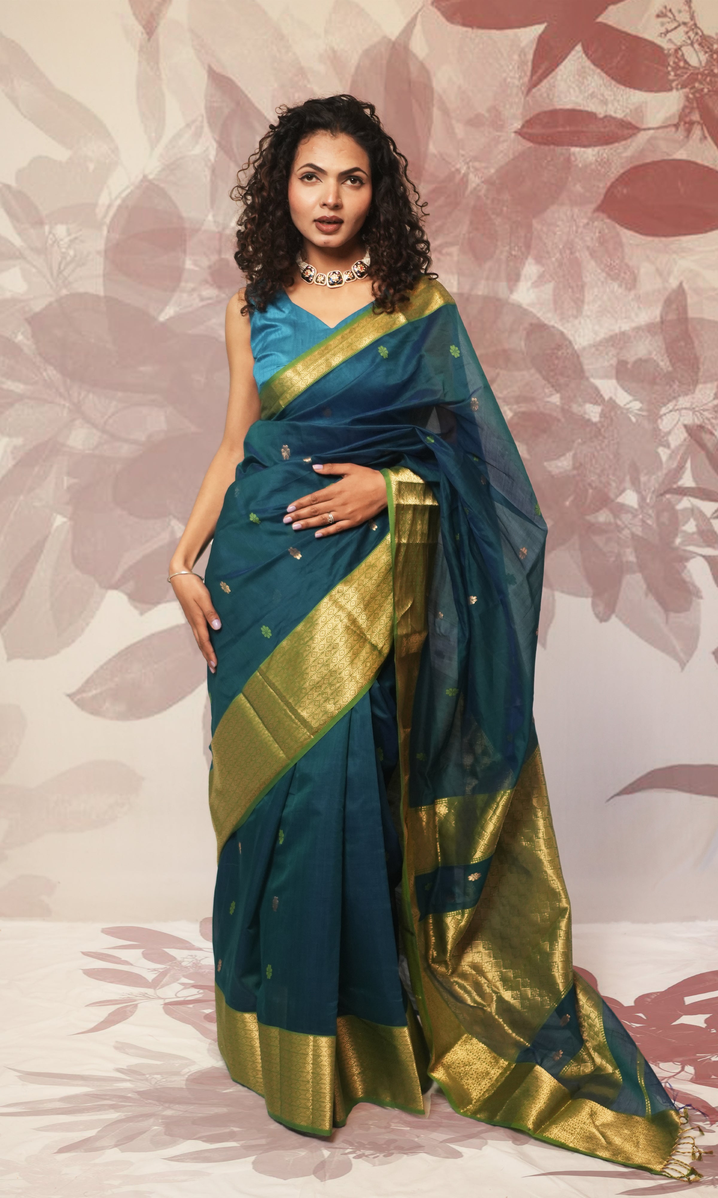 Peacock Blue Maheshwari Silk Saree