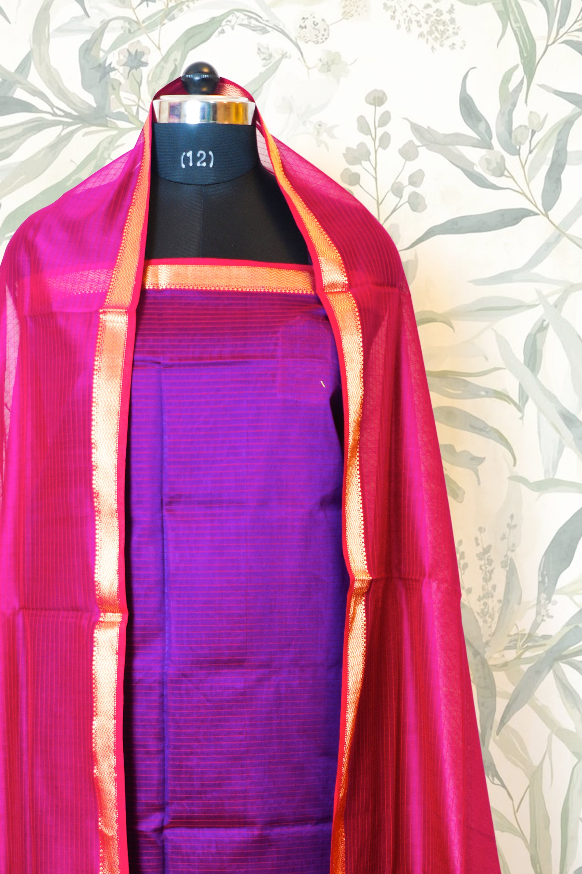 Purple & Magenta Hand Woven Maheshwari Silk Dress Material