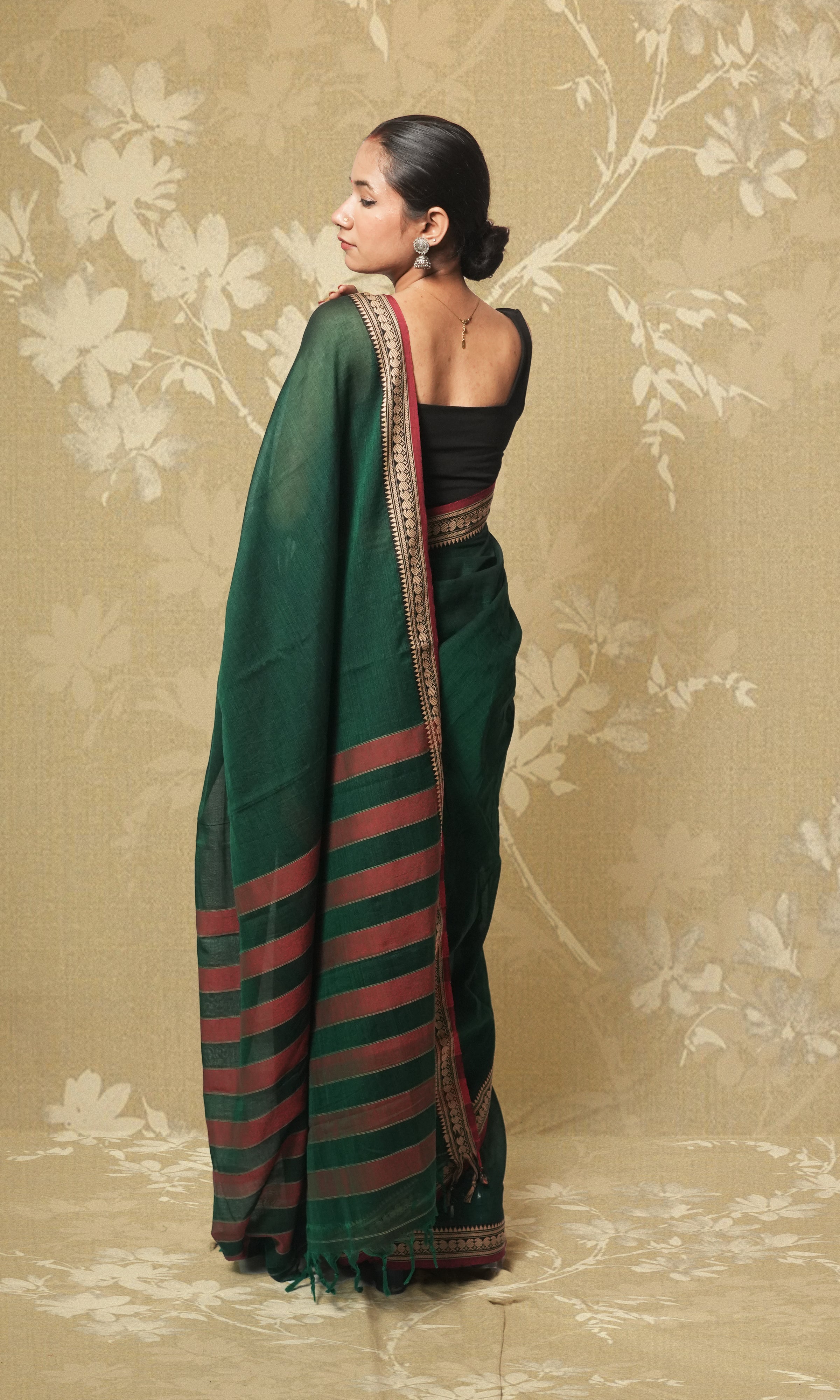 Bottle Green And Red Narayanpet Saree