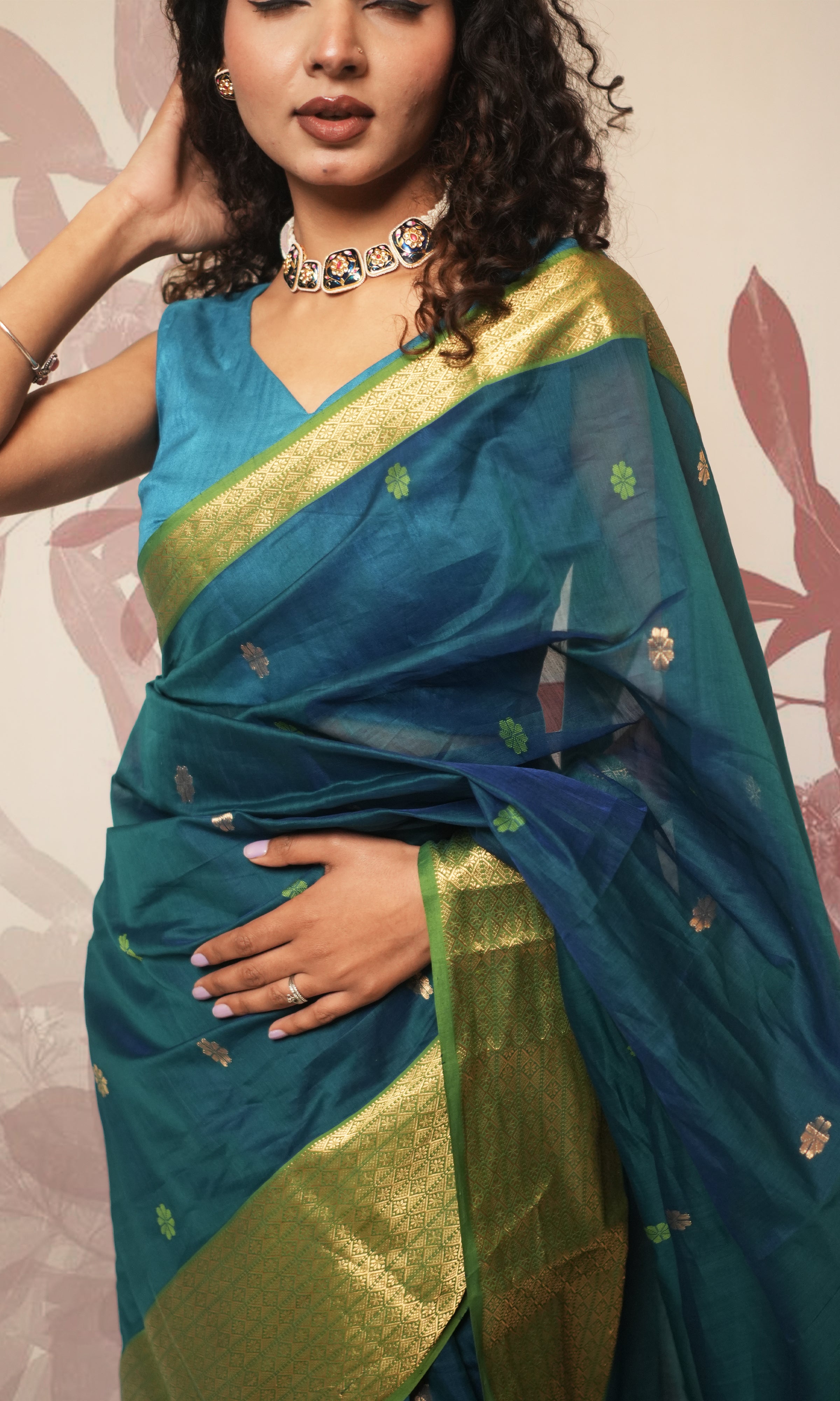 Peacock Blue Maheshwari Silk Saree