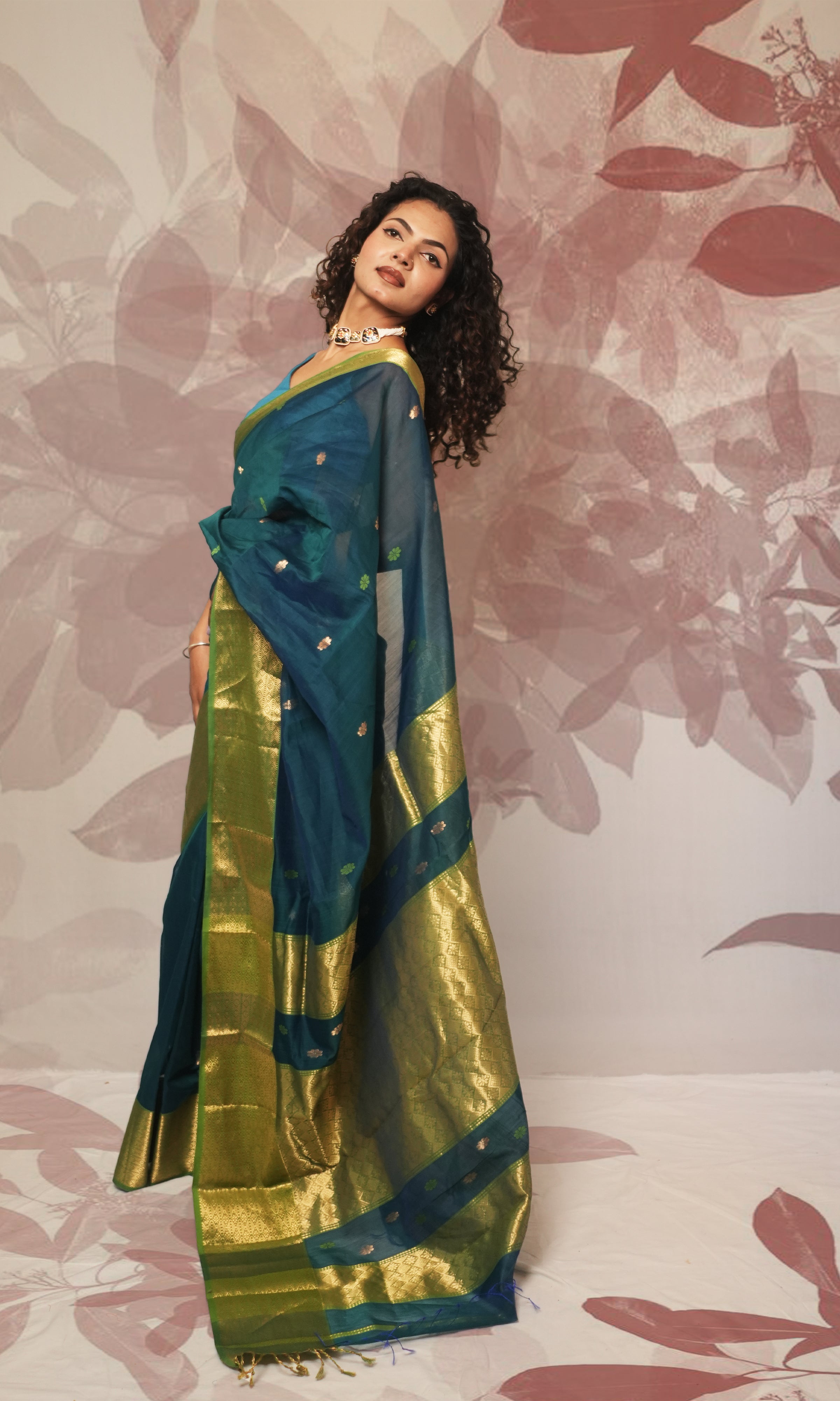 Peacock Blue Maheshwari Silk Saree