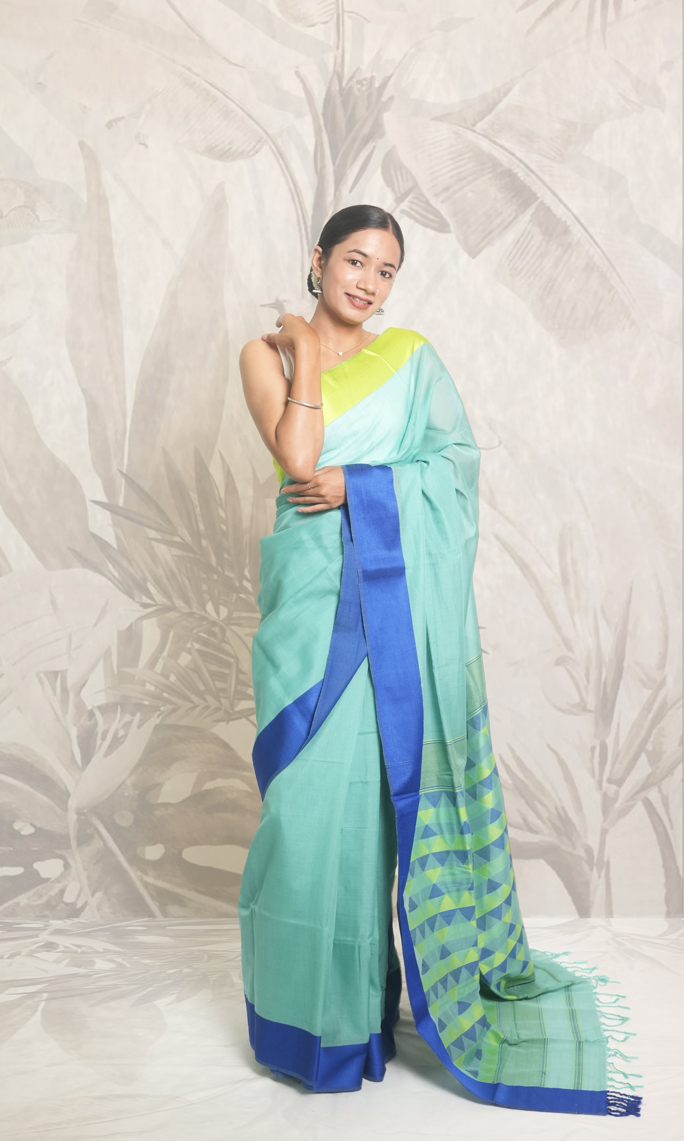 Royal Blue & Lemon Green Ganga Jamuna Border Sea Blue Maheshwari Saree With Blouse Piece