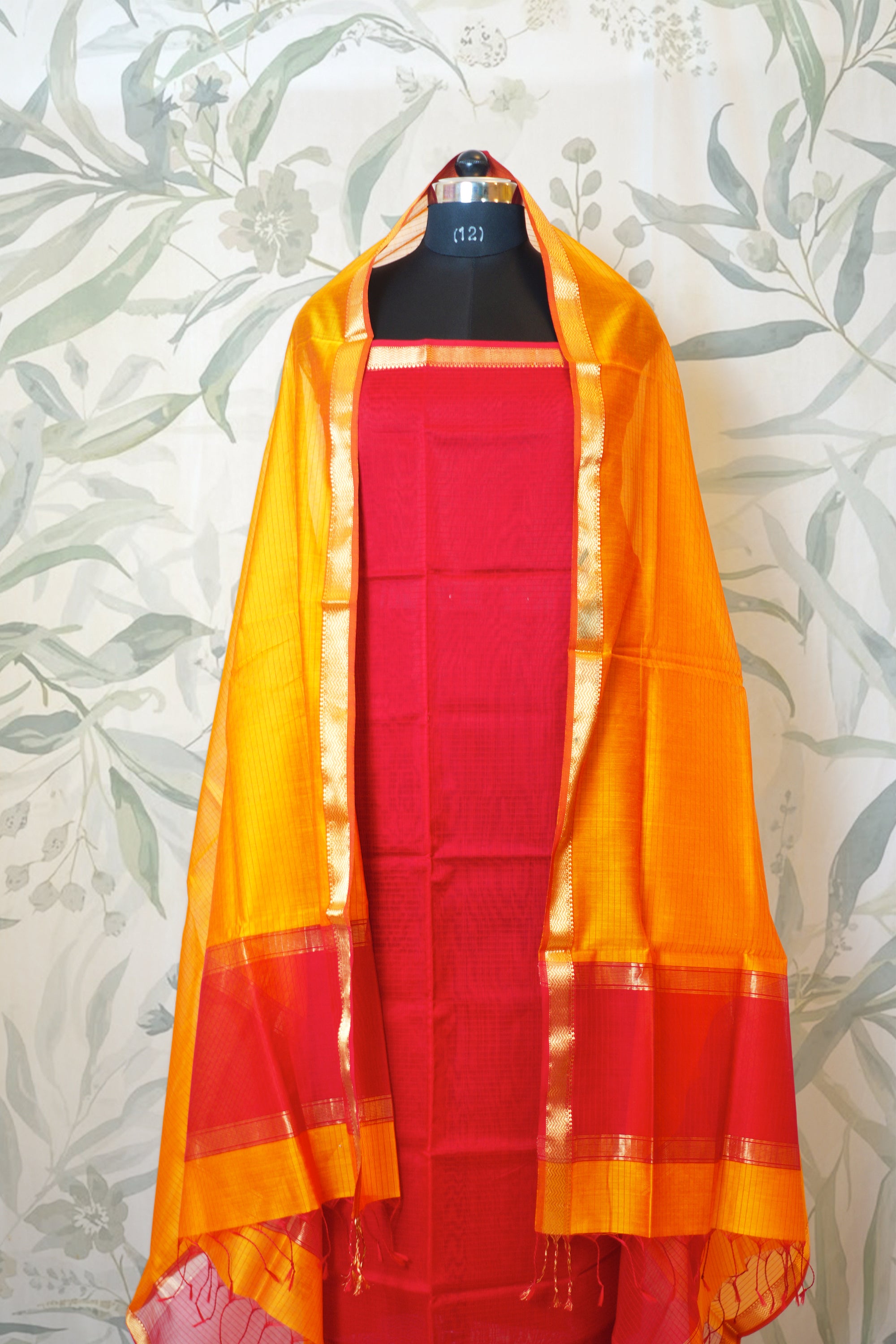 Red & Yellow Hand Woven Maheshwari Silk Dress Material