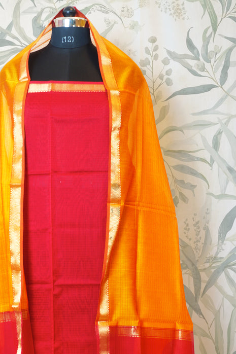 Red & Yellow Hand Woven Maheshwari Silk Dress Material