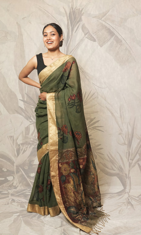 Deep Green Kalamkari Maheshwari Saree