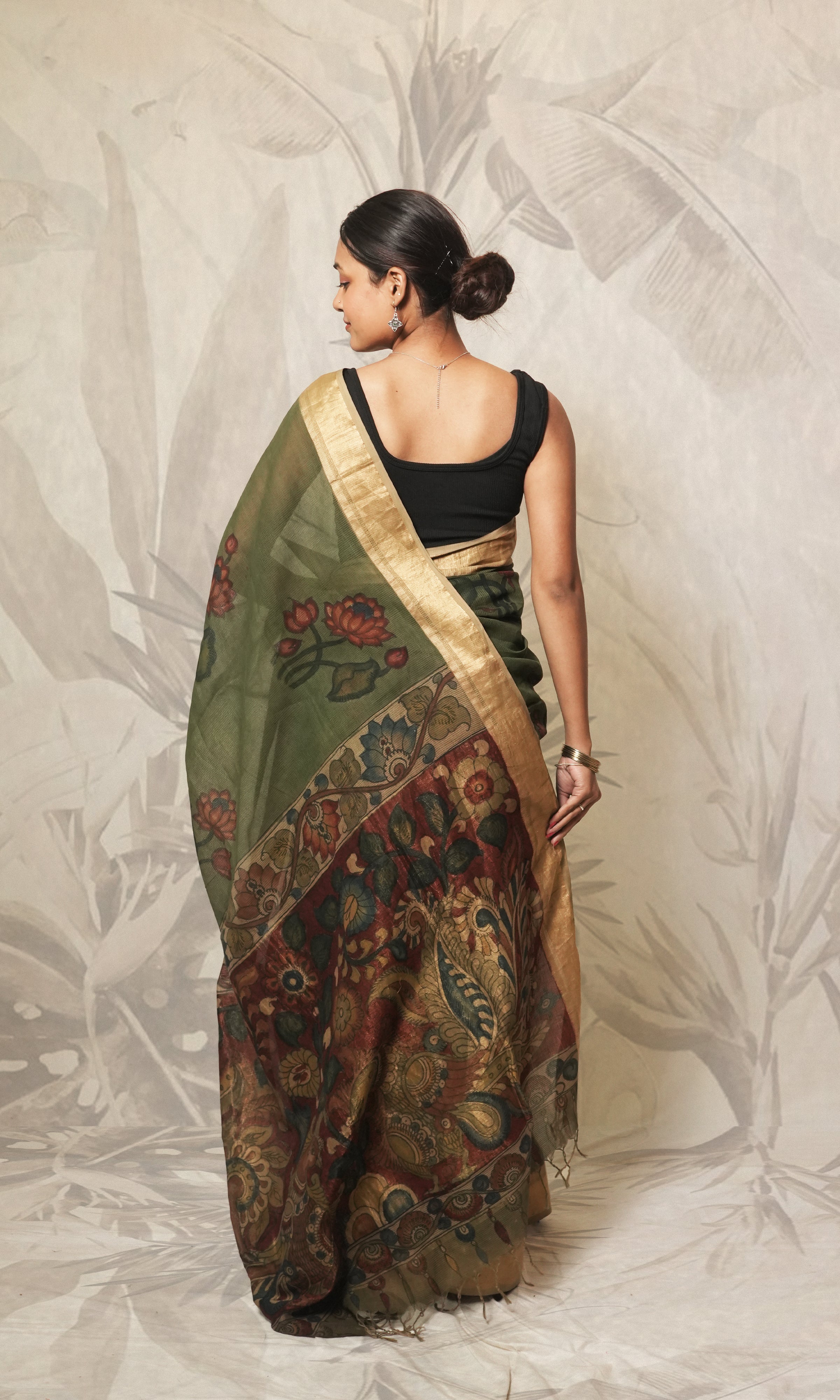 Deep Green Kalamkari Maheshwari Saree