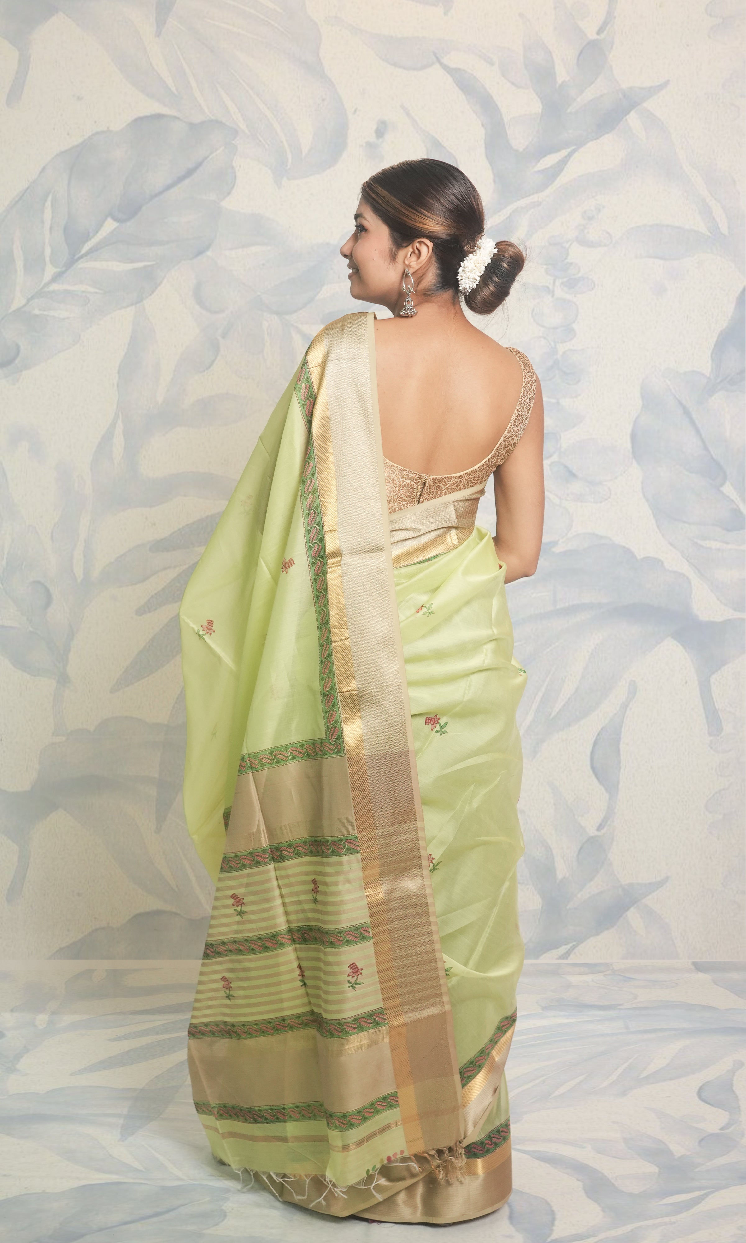 Pista Green Block Print Maheshwari Saree With Blouse Piece