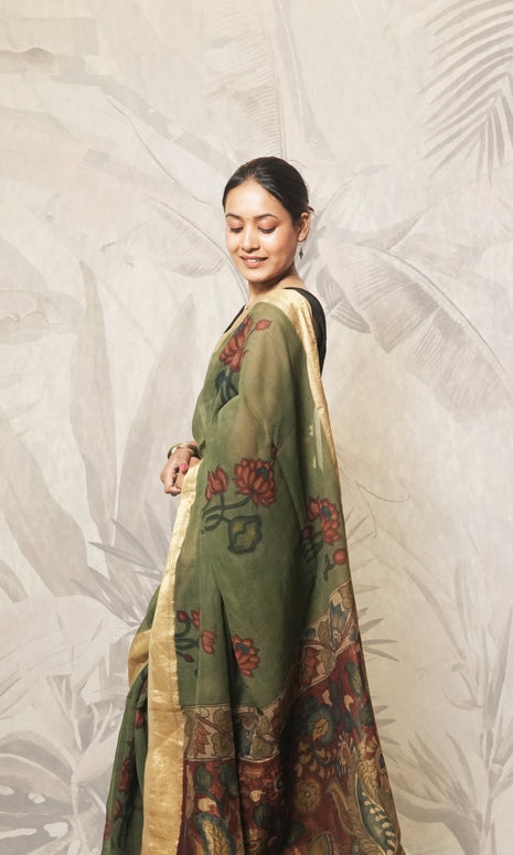 Deep Green Kalamkari Maheshwari Saree