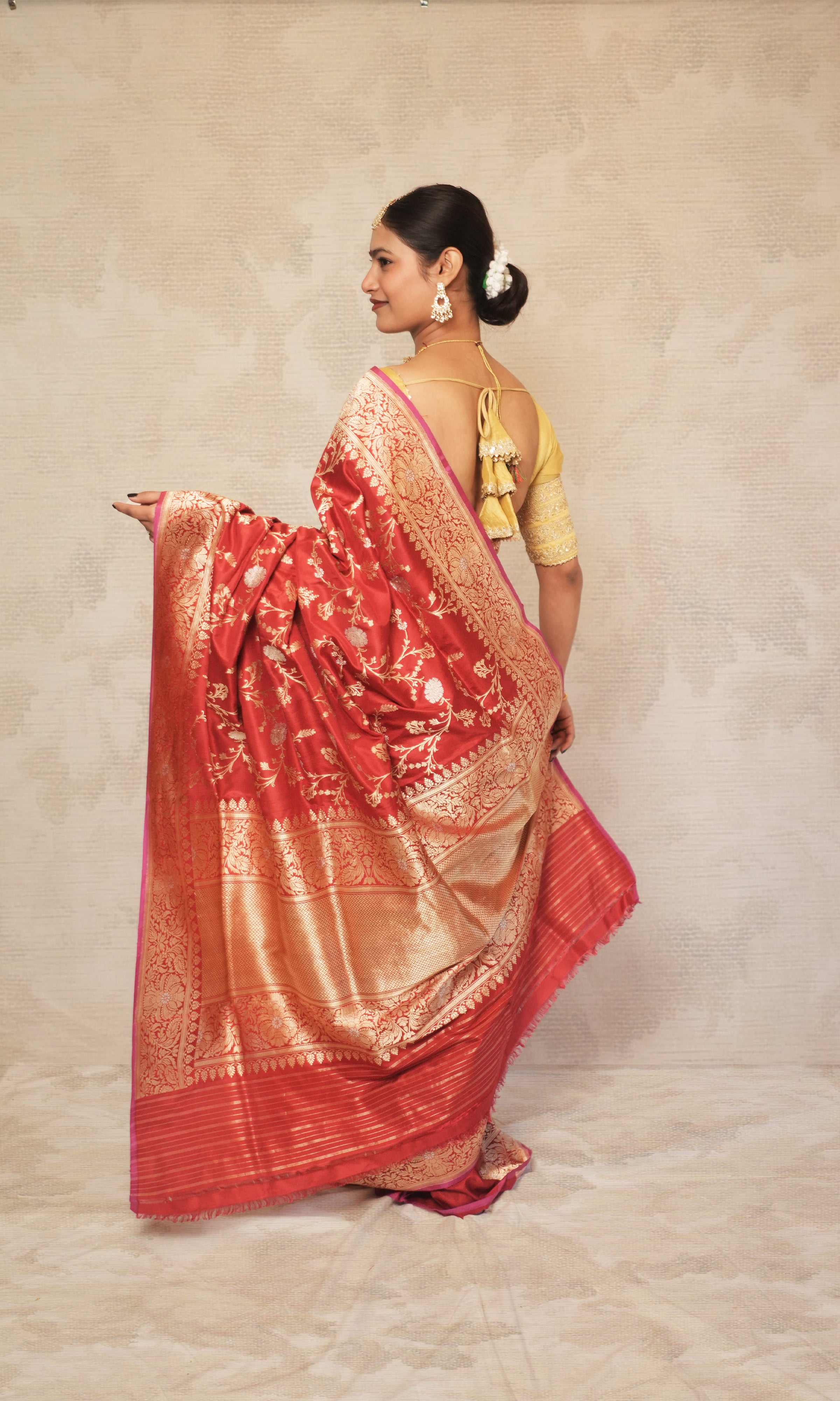 Vermilion Red Jaal Work Complete Kadwa Pure Banarasi Silk Saree