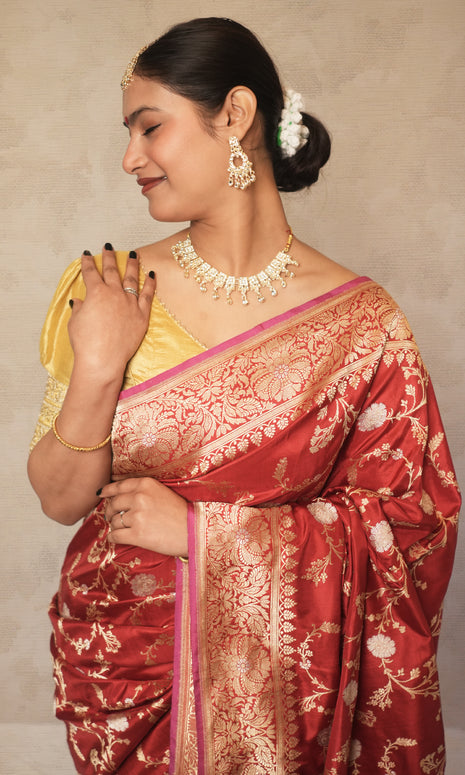 Vermilion Red Jaal Work Complete Kadwa Pure Banarasi Silk Saree