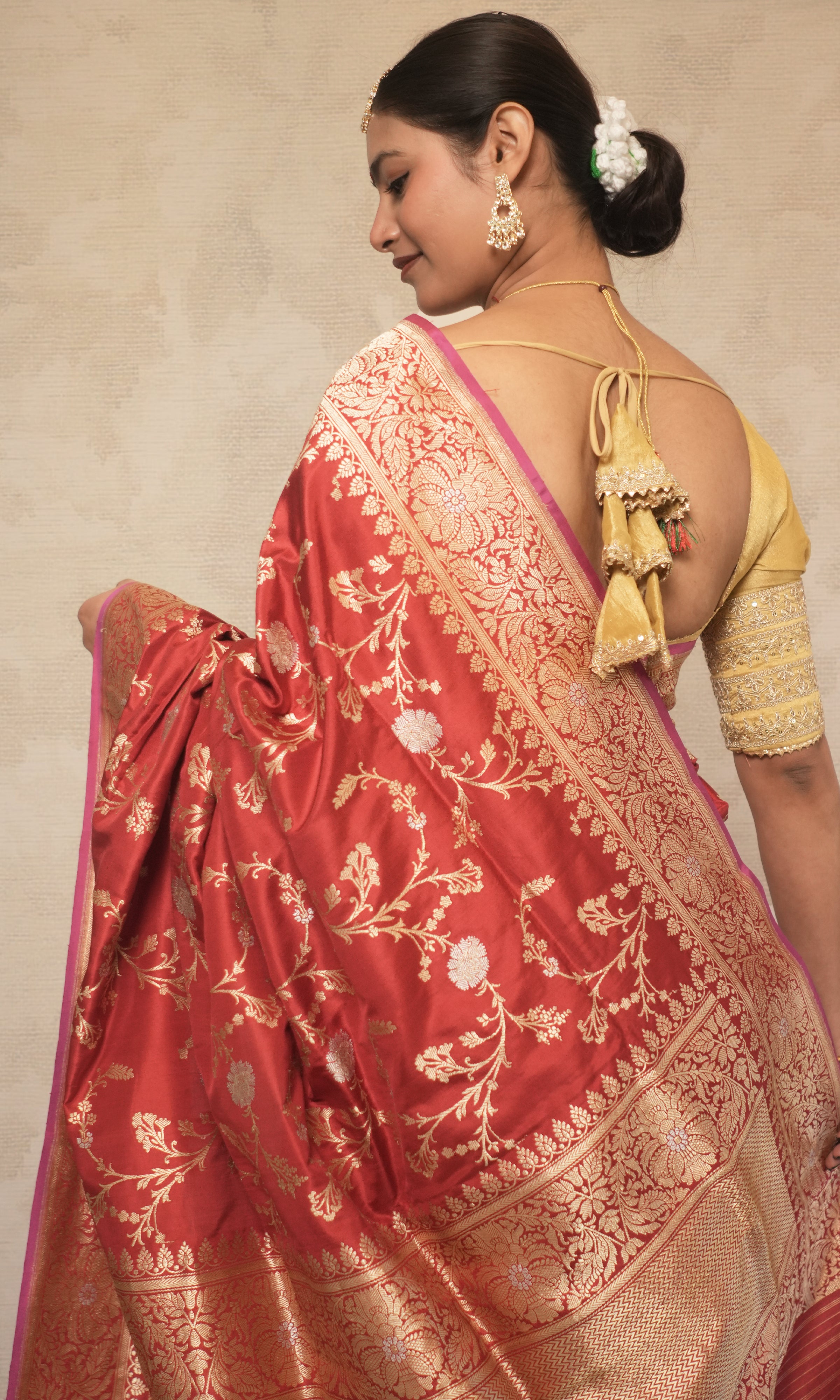 Vermilion Red Jaal Work Complete Kadwa Pure Banarasi Silk Saree