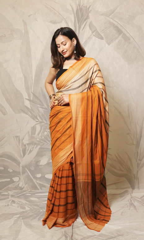 Deep Yellow And Cream Dhonekhali  Cotton saree