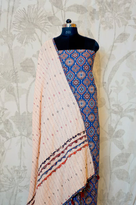 Blue & Cream Cotton Dress Material