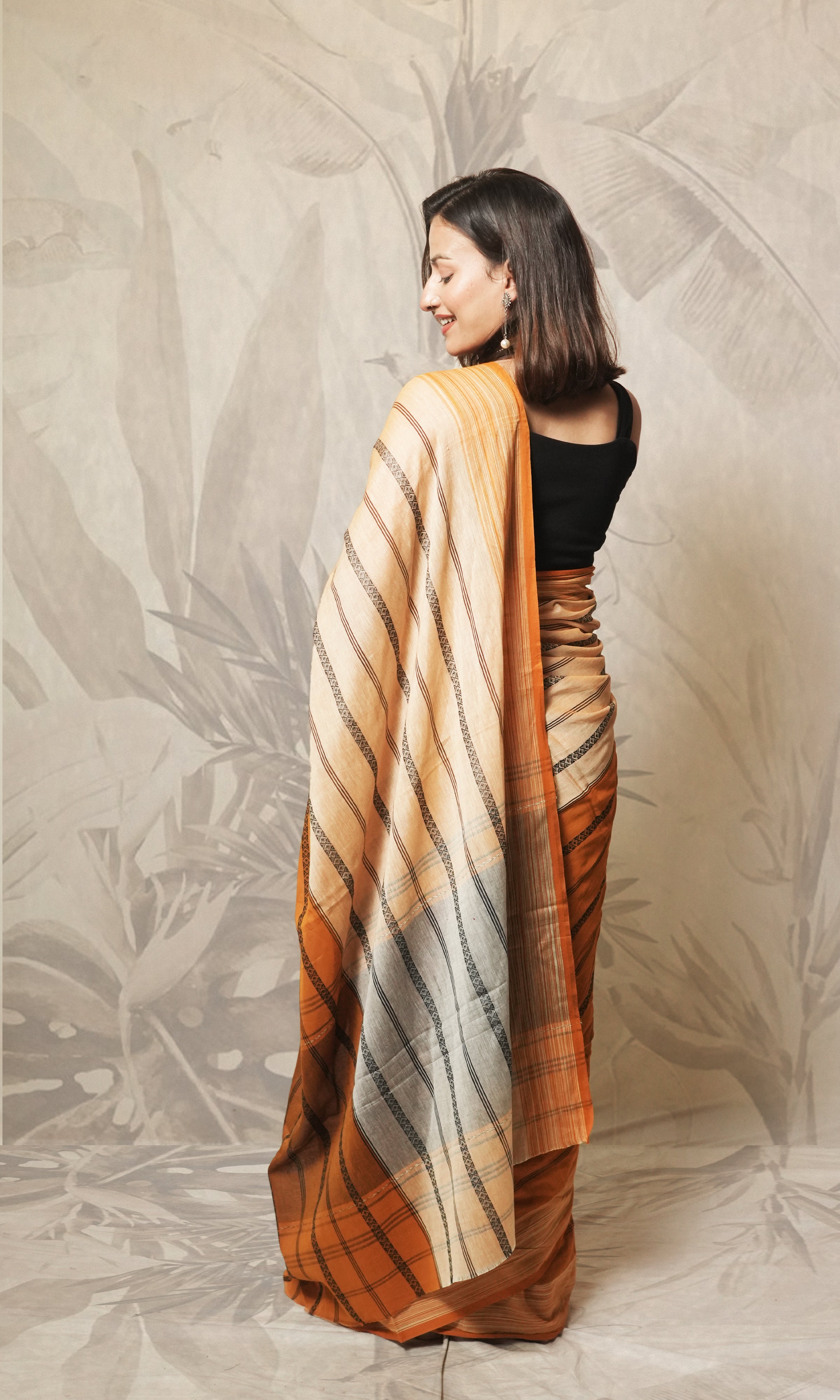 Deep Yellow And Cream Dhonekhali  Cotton saree