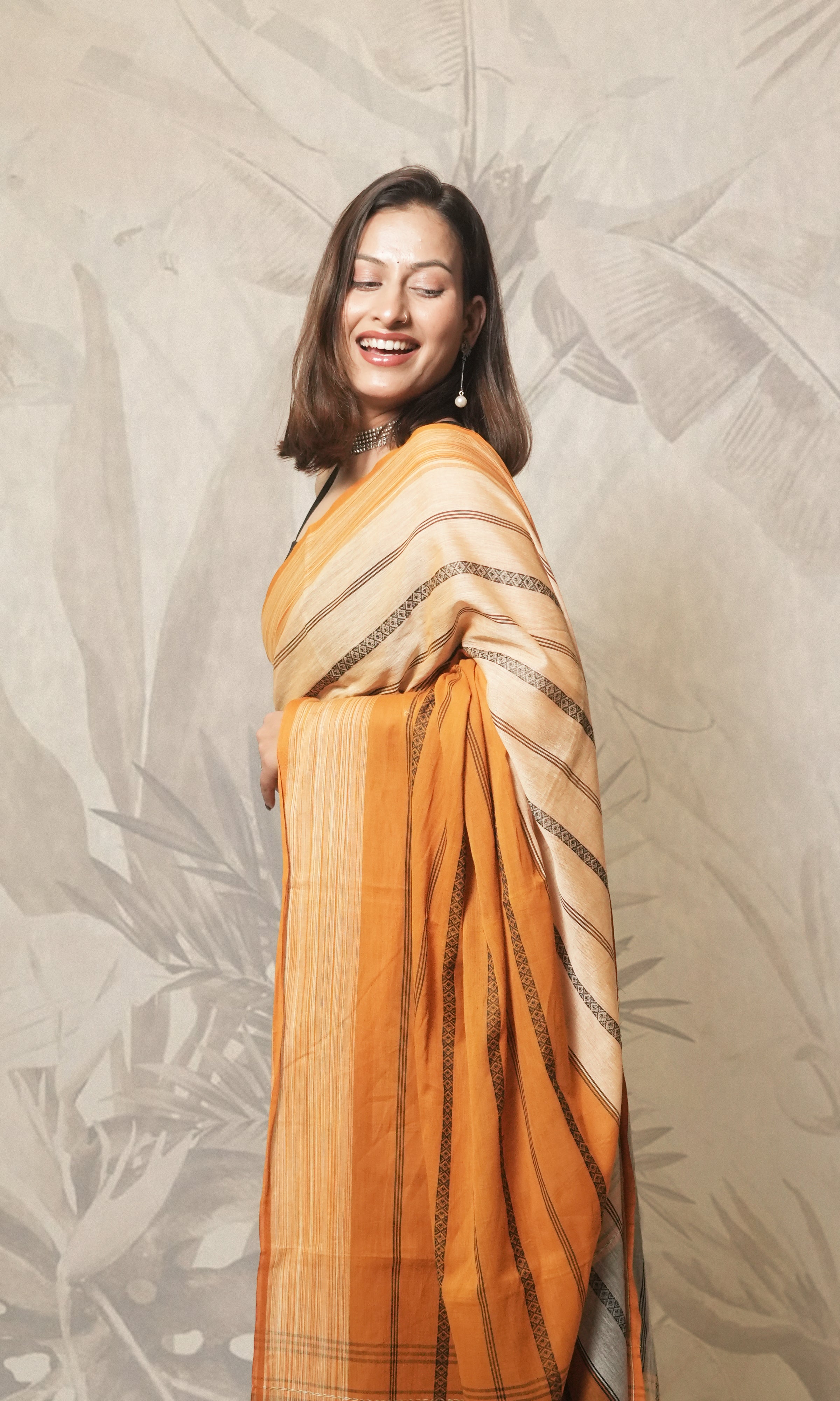 Deep Yellow And Cream Dhonekhali  Cotton saree