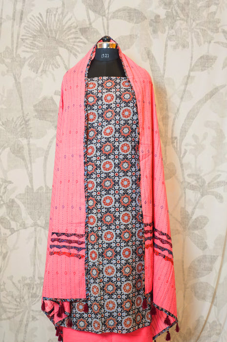 Black  & Peach Cotton Dress Material