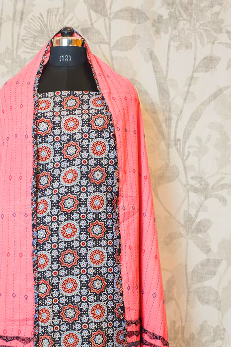 Black  & Peach Cotton Dress Material