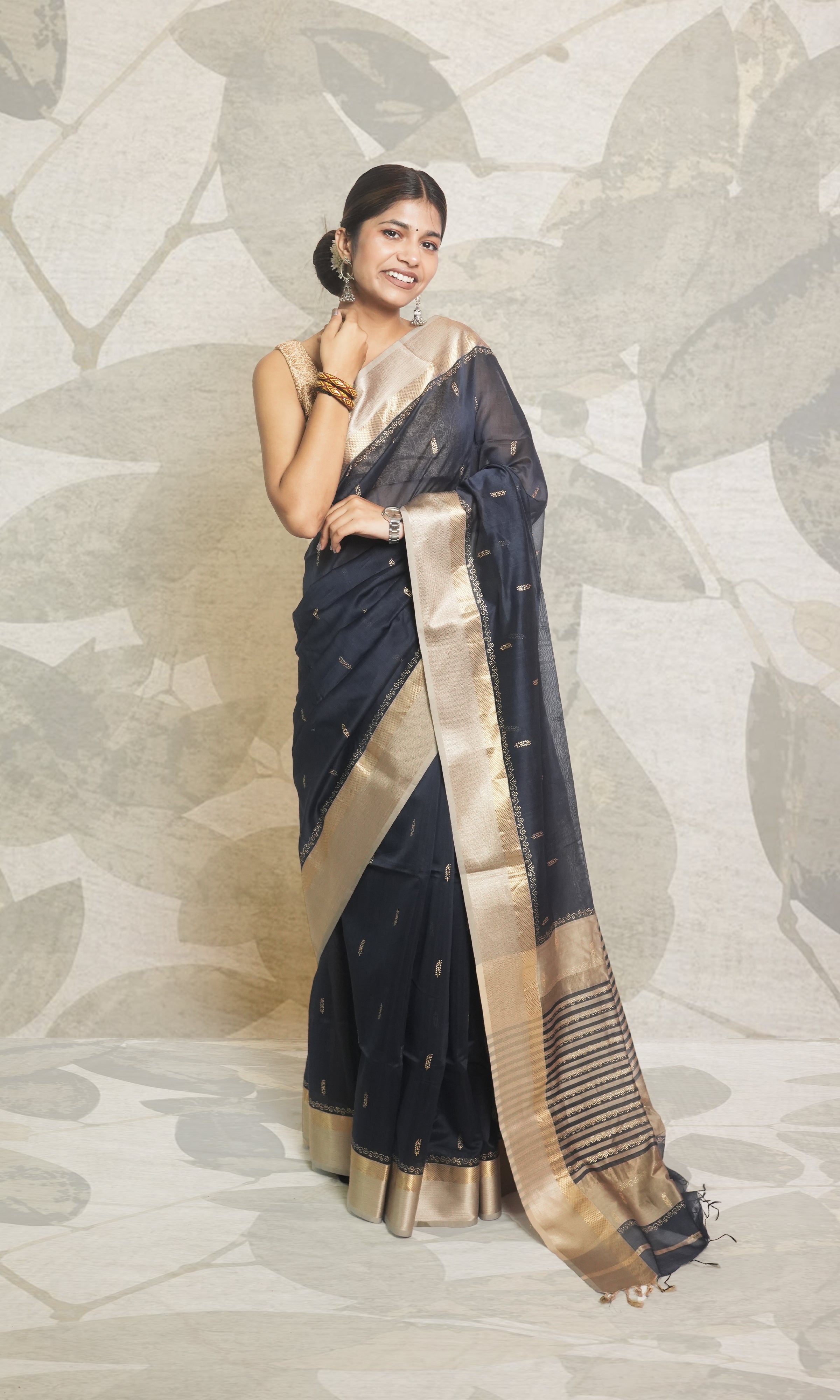 Midnight Blue with Gold Khari Work Maheshwari Saree With Blouse Piece
