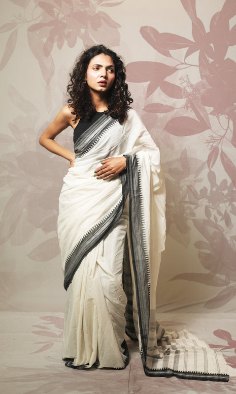 White And Black Dhonekhali Cotton Saree
