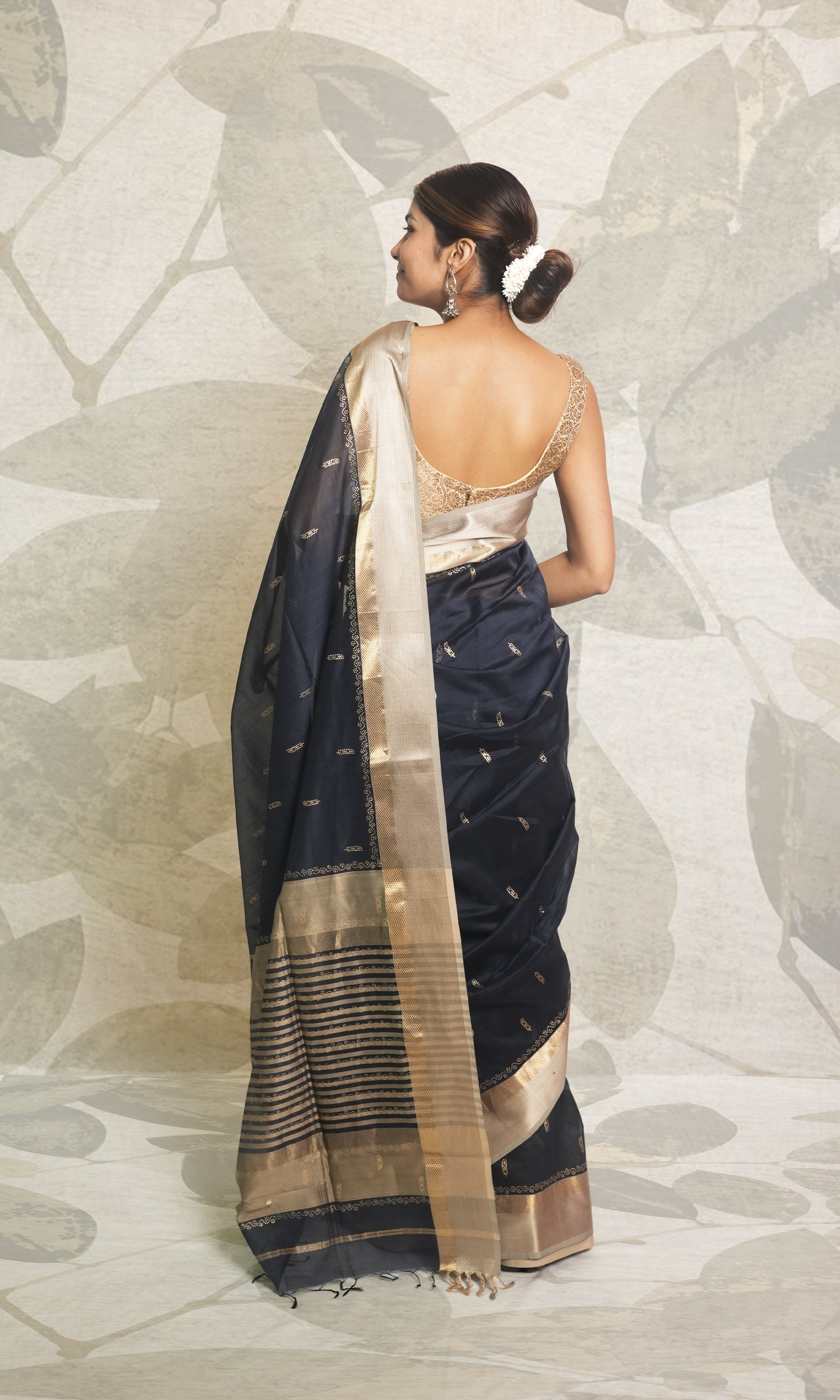 Midnight Blue with Gold Khari Work Maheshwari Saree With Blouse Piece