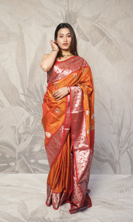 Orange And Red Pure Venkatagiri Silk Saree