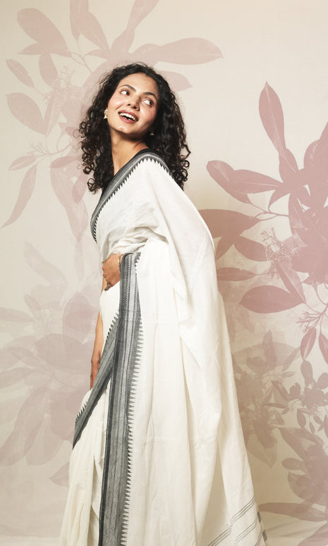 White And Black Dhonekhali Cotton Saree
