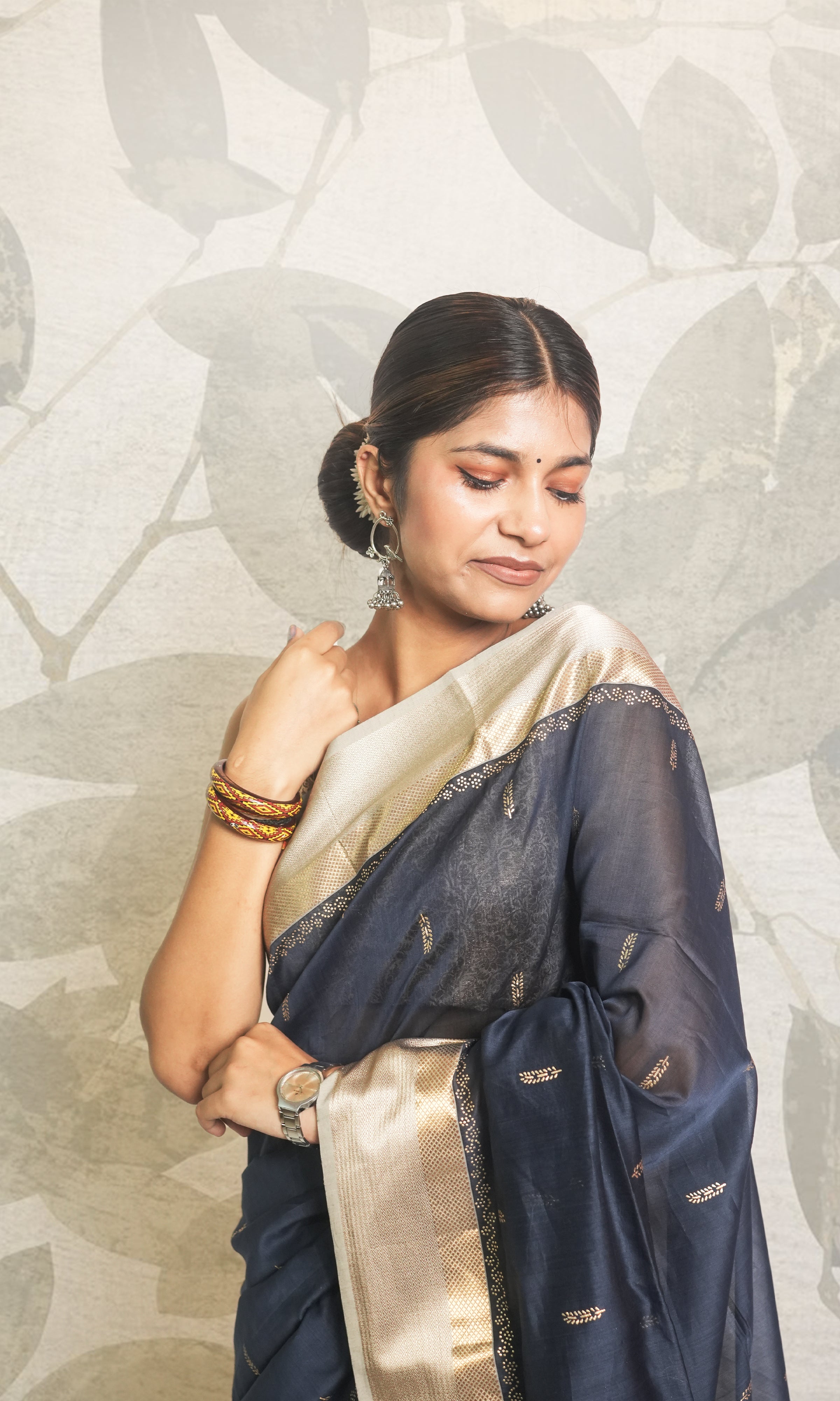 Midnight Blue with Gold Khari Work Maheshwari Saree With Blouse Piece