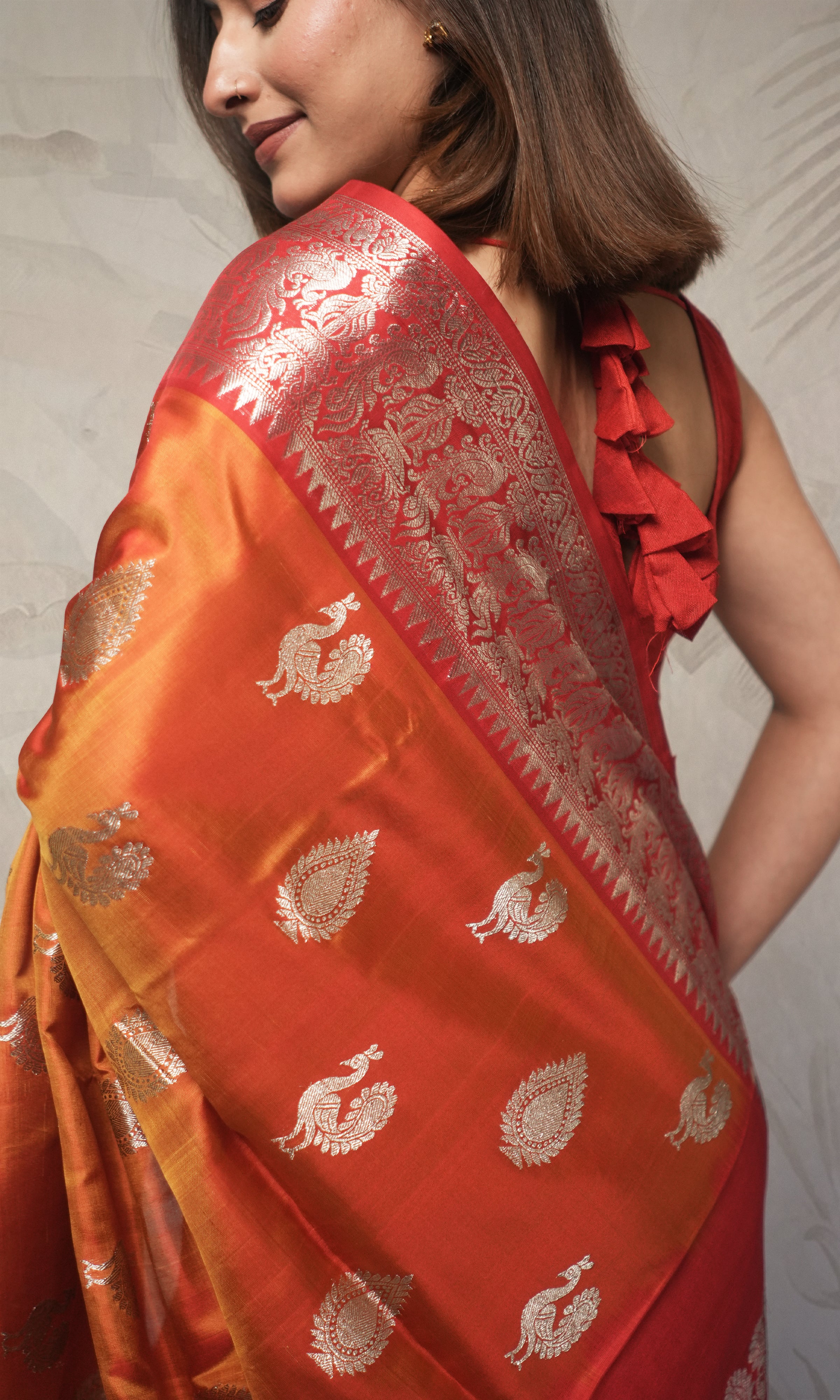 Orange And Red Pure Venkatagiri Silk Saree