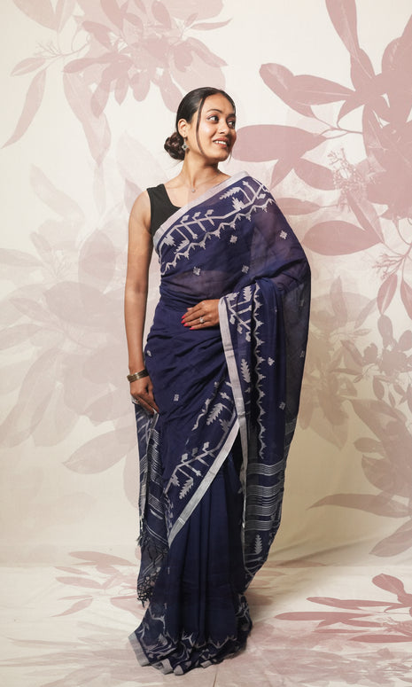 Blue And White Jamdani Cotton Saree