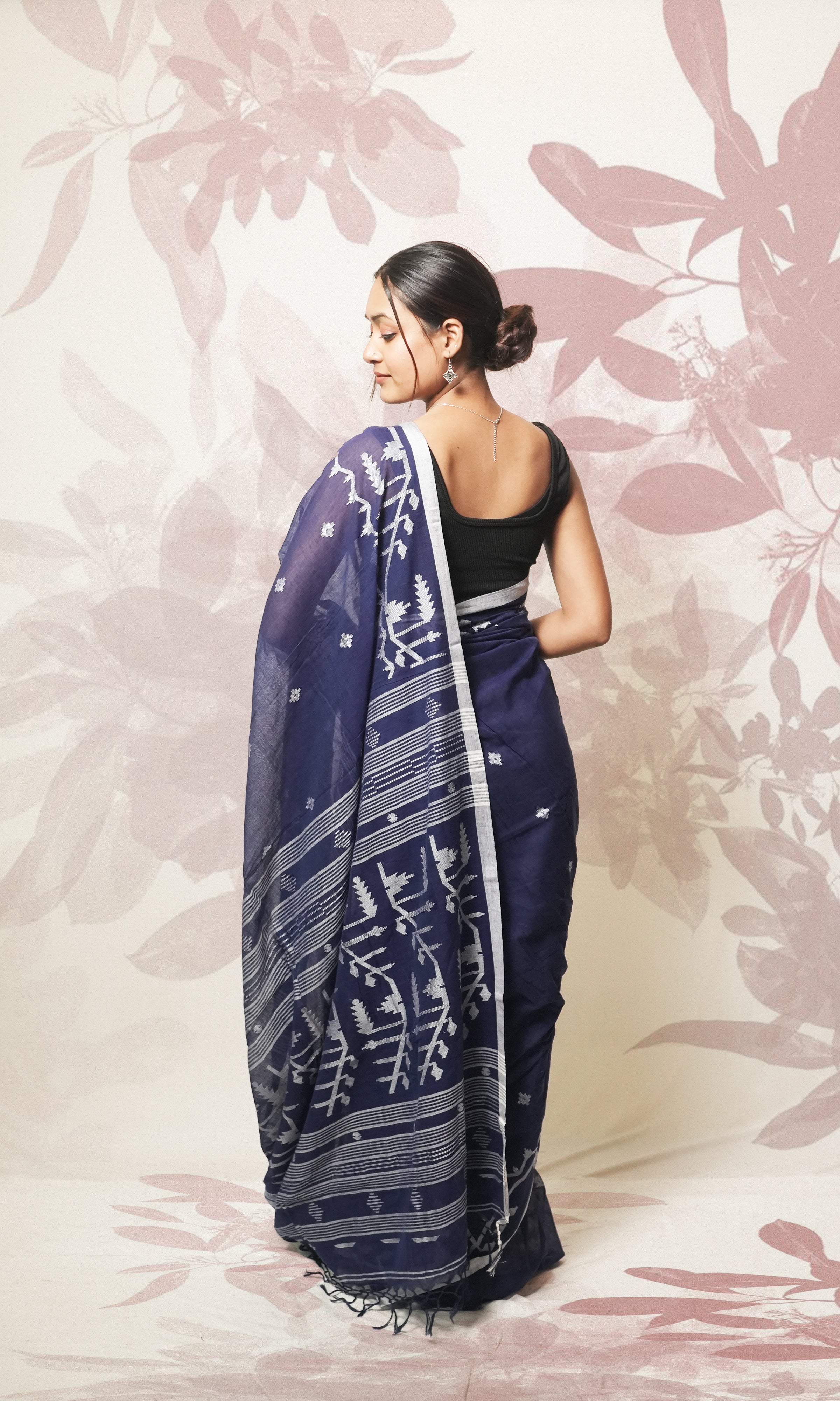 Blue And White Jamdani Cotton Saree
