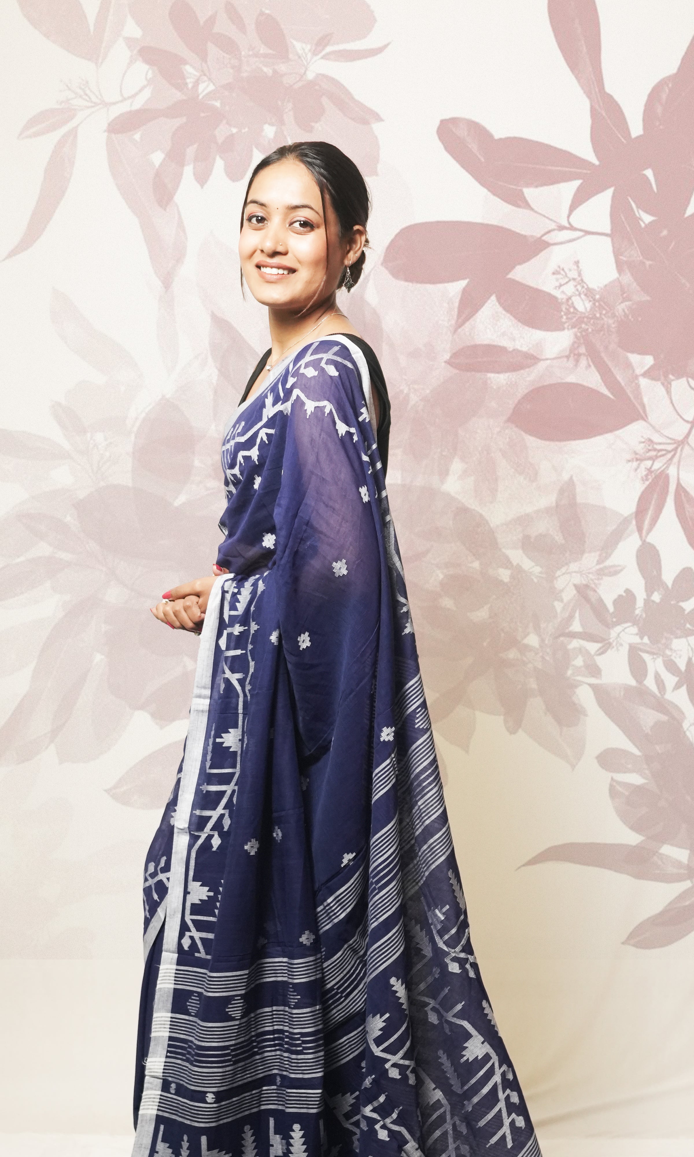 Blue And White Jamdani Cotton Saree