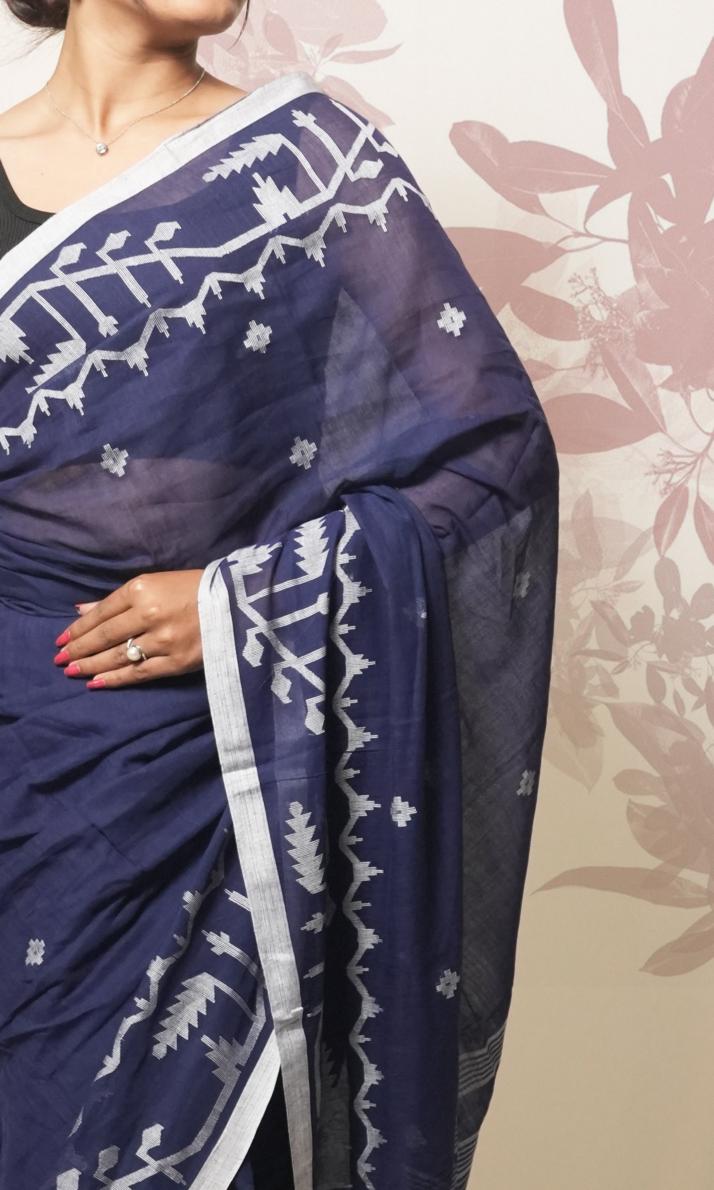 Blue And White Jamdani Cotton Saree