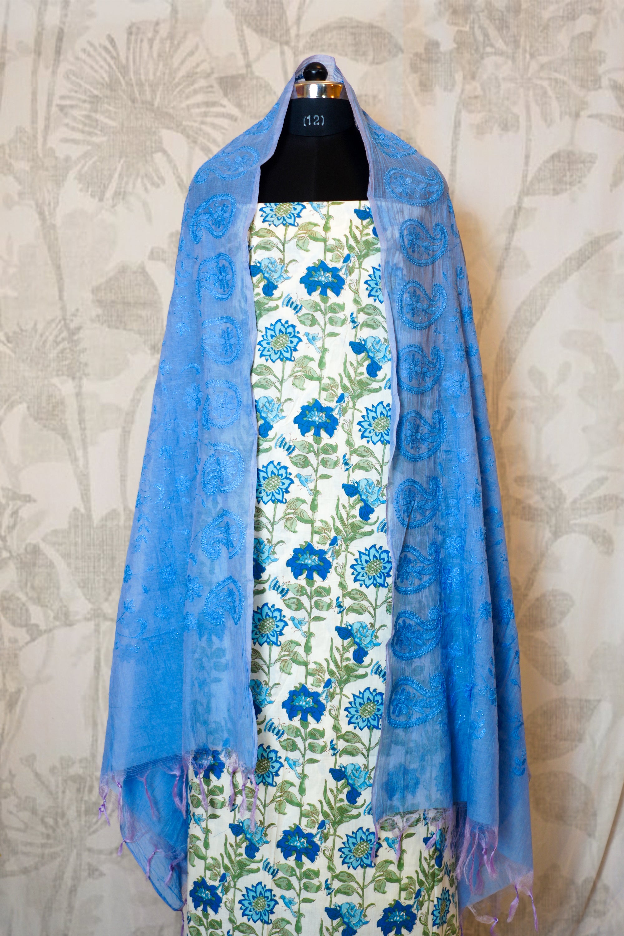 White & Sky Blue  Cotton Dress Material