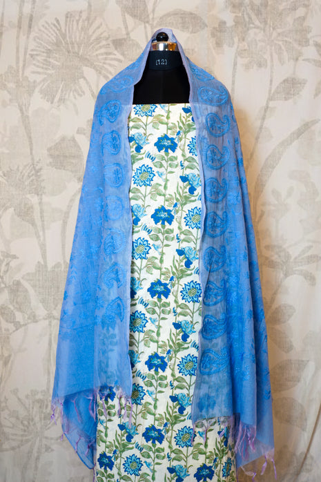 White & Sky Blue  Cotton Dress Material