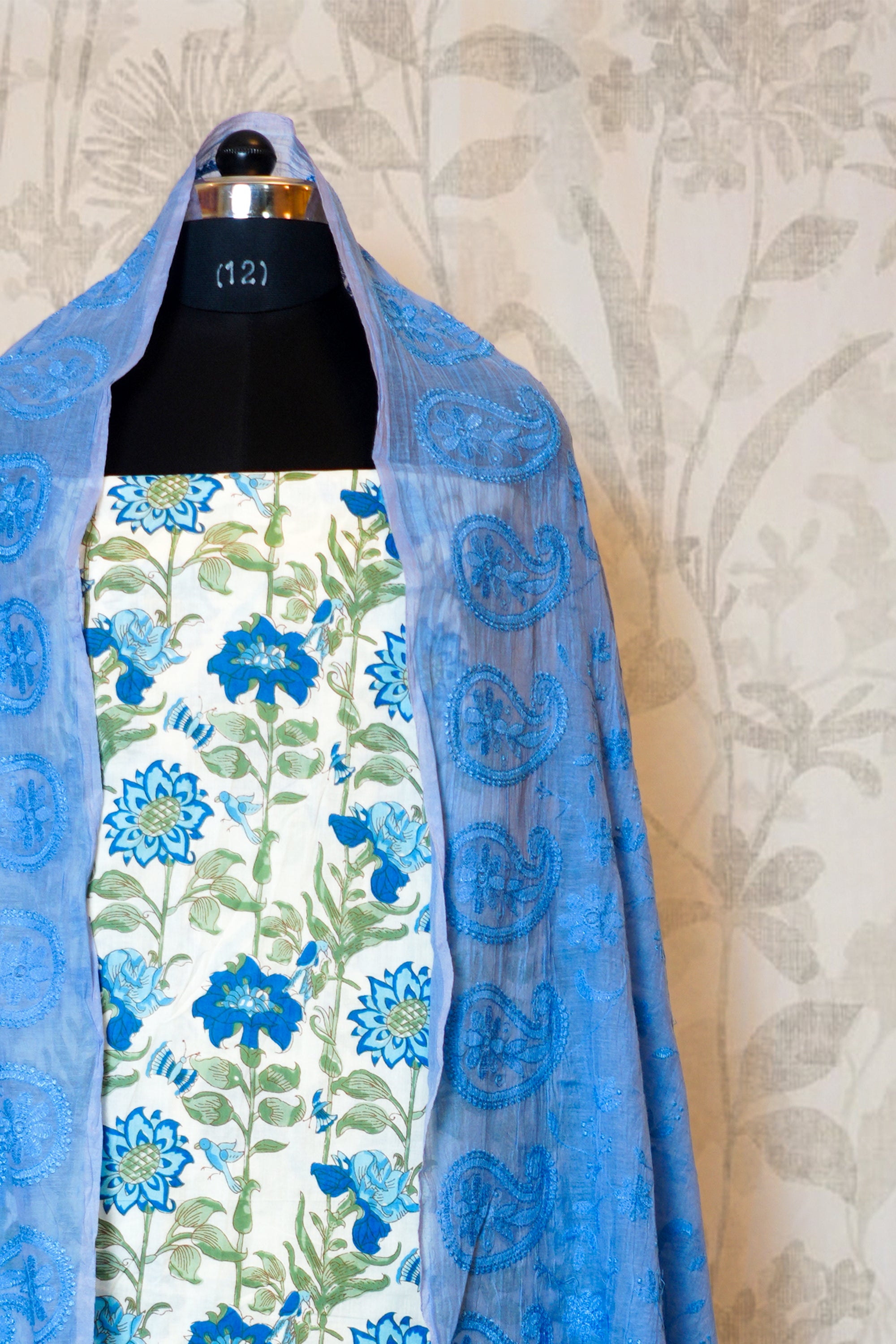White & Sky Blue  Cotton Dress Material