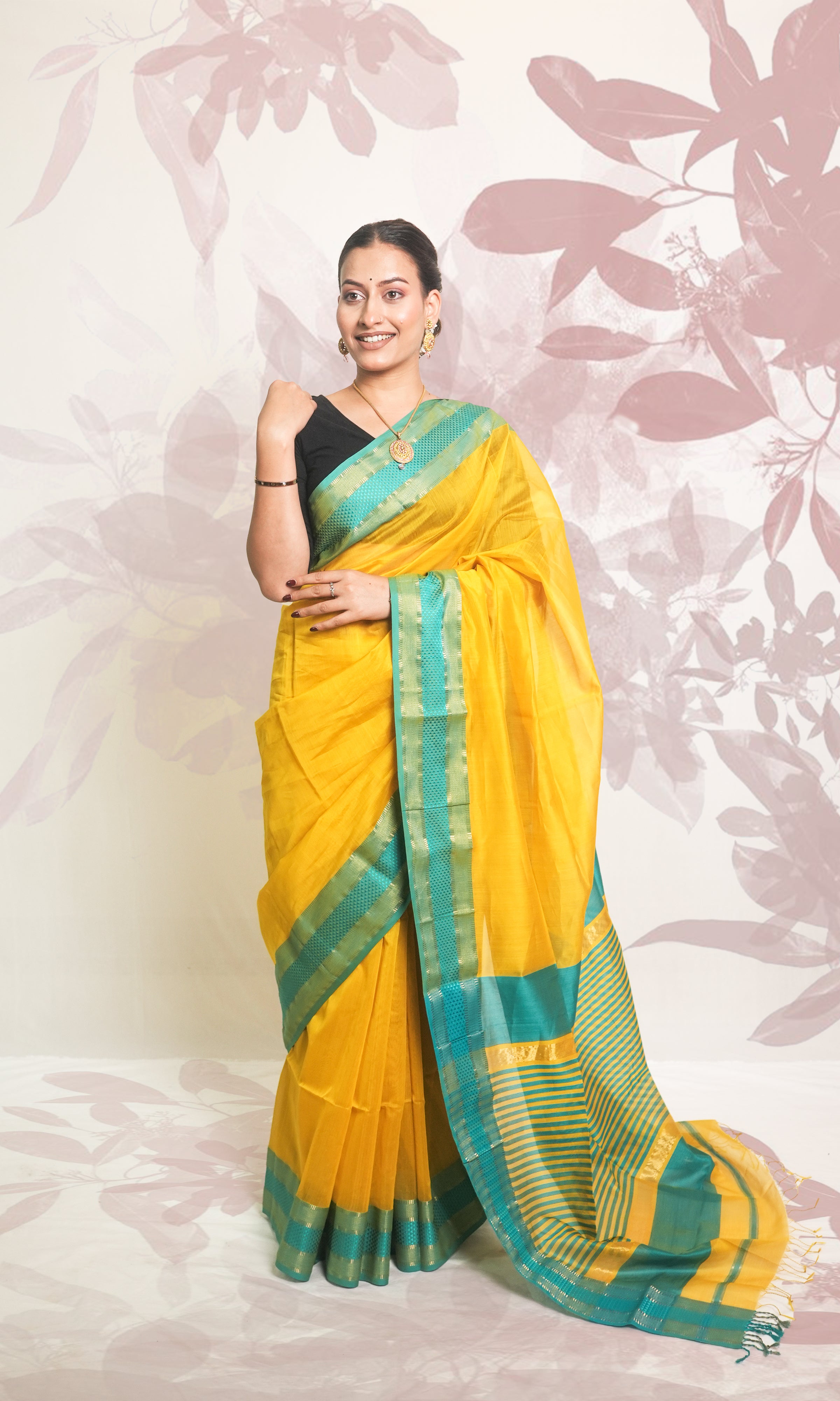 Firozi Body & Yellow Stripe Maheshwari Saree With Blouse Piece