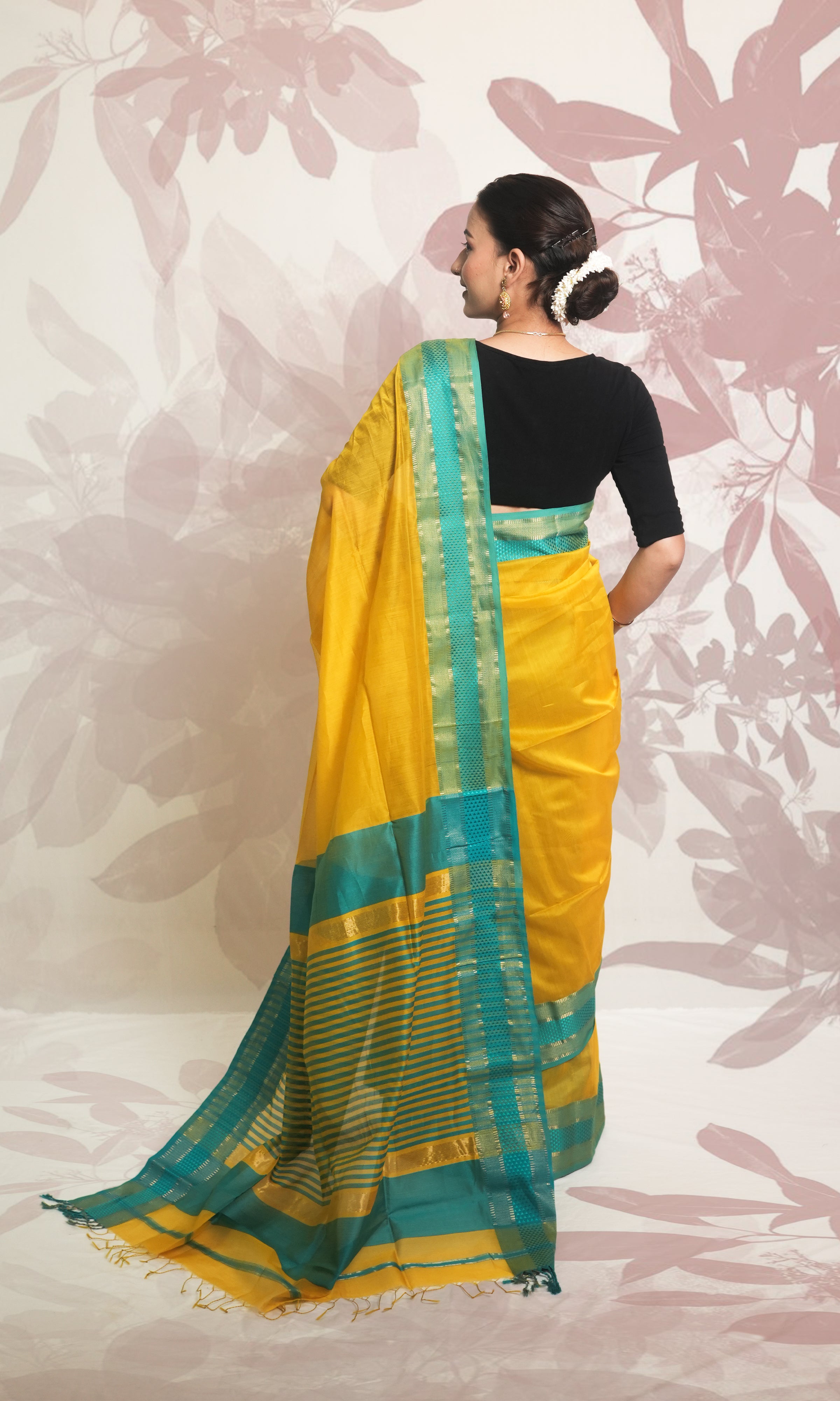 Firozi Body & Yellow Stripe Maheshwari Saree With Blouse Piece