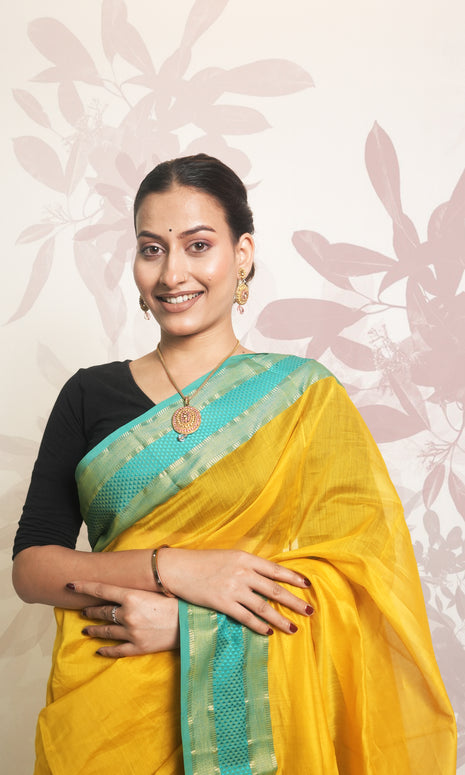 Firozi Body & Yellow Stripe Maheshwari Saree With Blouse Piece