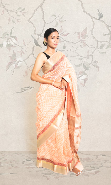 Peach Pink Hand Blockprinted Zari Maheshwari Saree With Blouse Piece