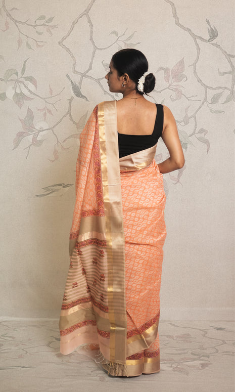 Peach Pink Hand Blockprinted Zari Maheshwari Saree With Blouse Piece