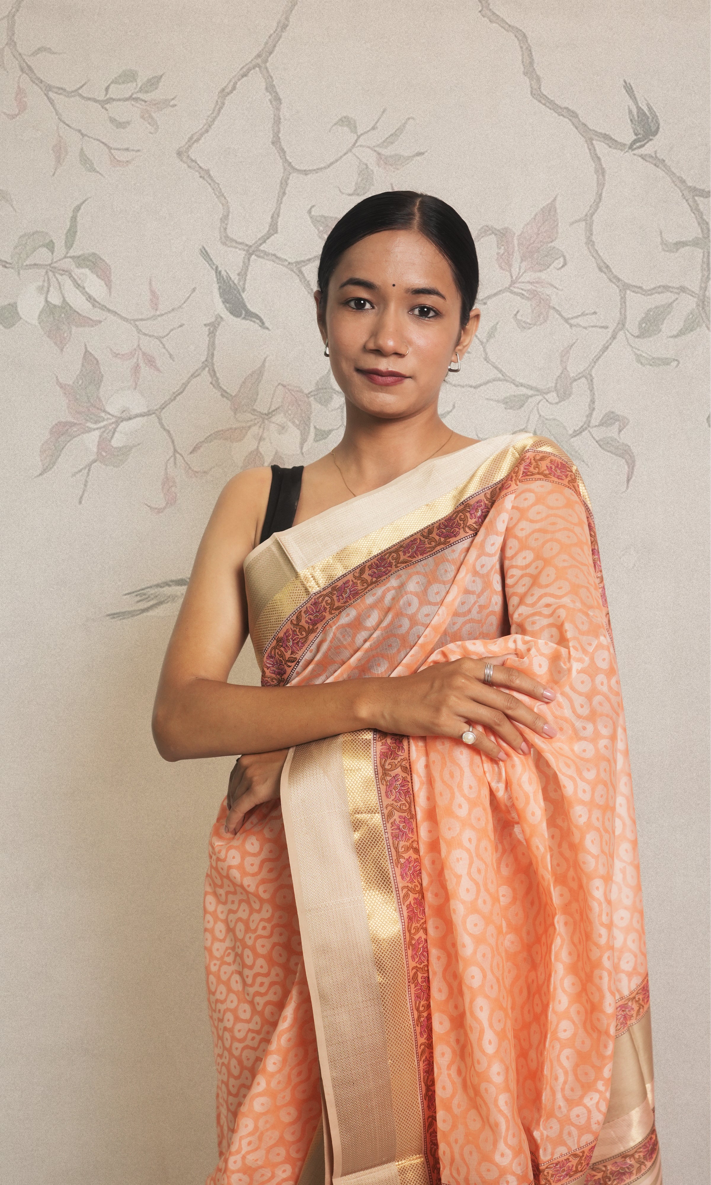 Peach Pink Hand Blockprinted Zari Maheshwari Saree With Blouse Piece