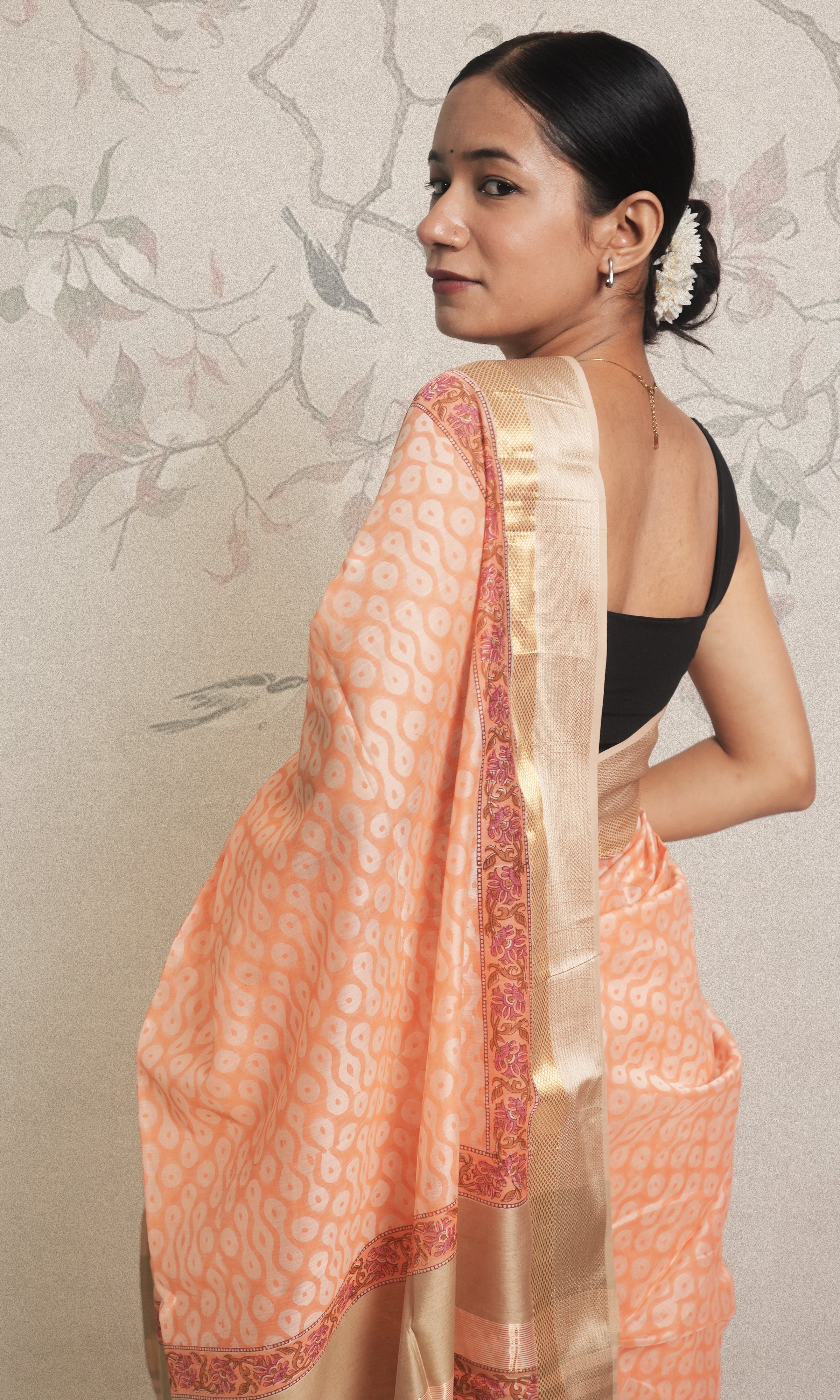 Peach Pink Hand Blockprinted Zari Maheshwari Saree With Blouse Piece