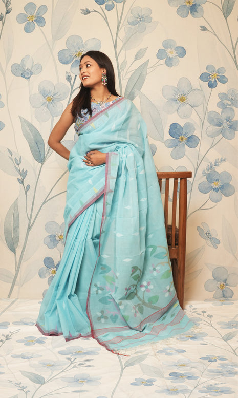 Sky Blue And Light Red Cotton Jamdani Saree