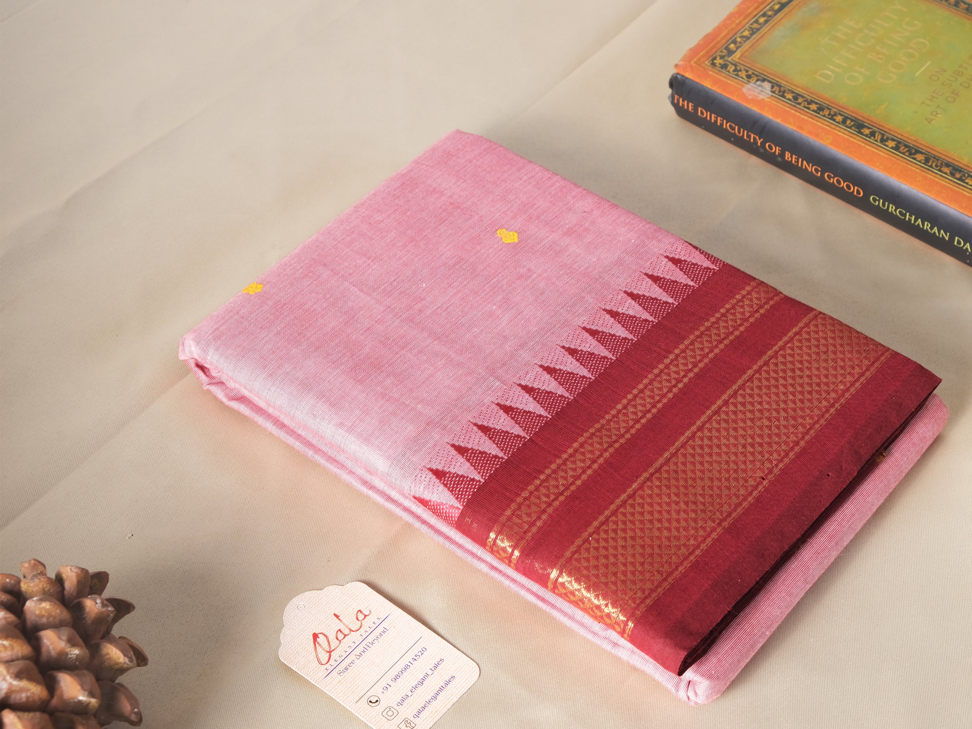 Light Baby Pink Maroon And Orange Ganga Jamuna Border Kanchi Cotton Saree