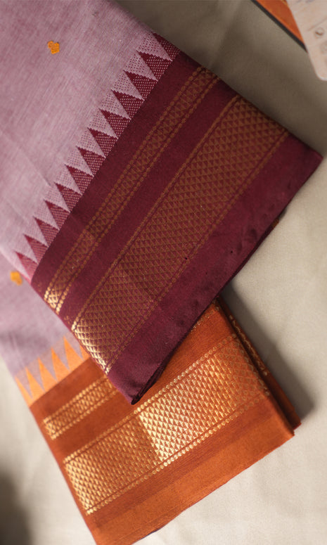 Light Baby Pink Maroon And Orange Ganga Jamuna Border Kanchi Cotton Saree