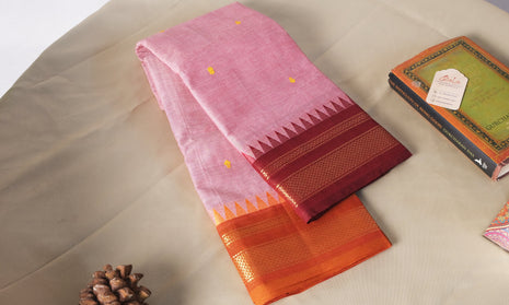 Light Baby Pink Maroon And Orange Ganga Jamuna Border Kanchi Cotton Saree