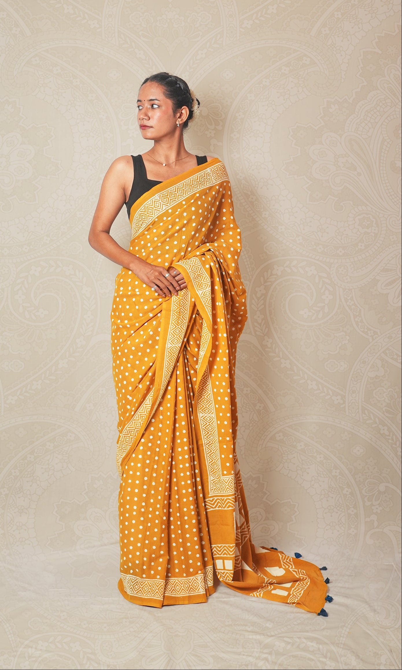 Golden Yellow & White Dots Mulmul Cotton Saree With Blouse Piece
