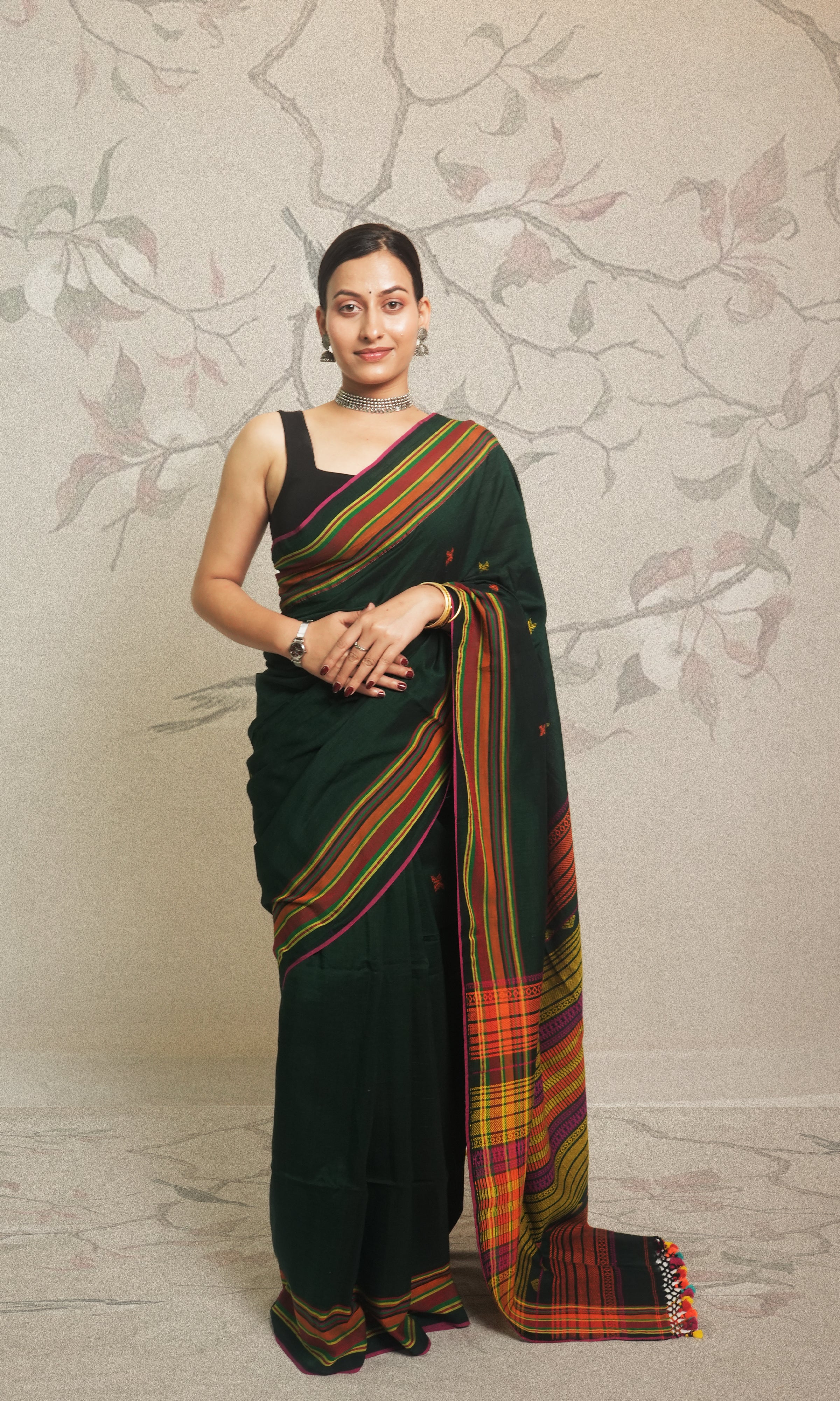 Green & Multicolored Stripes Bhujodi Pattern Weave Cotton Saree With Blouse Piece