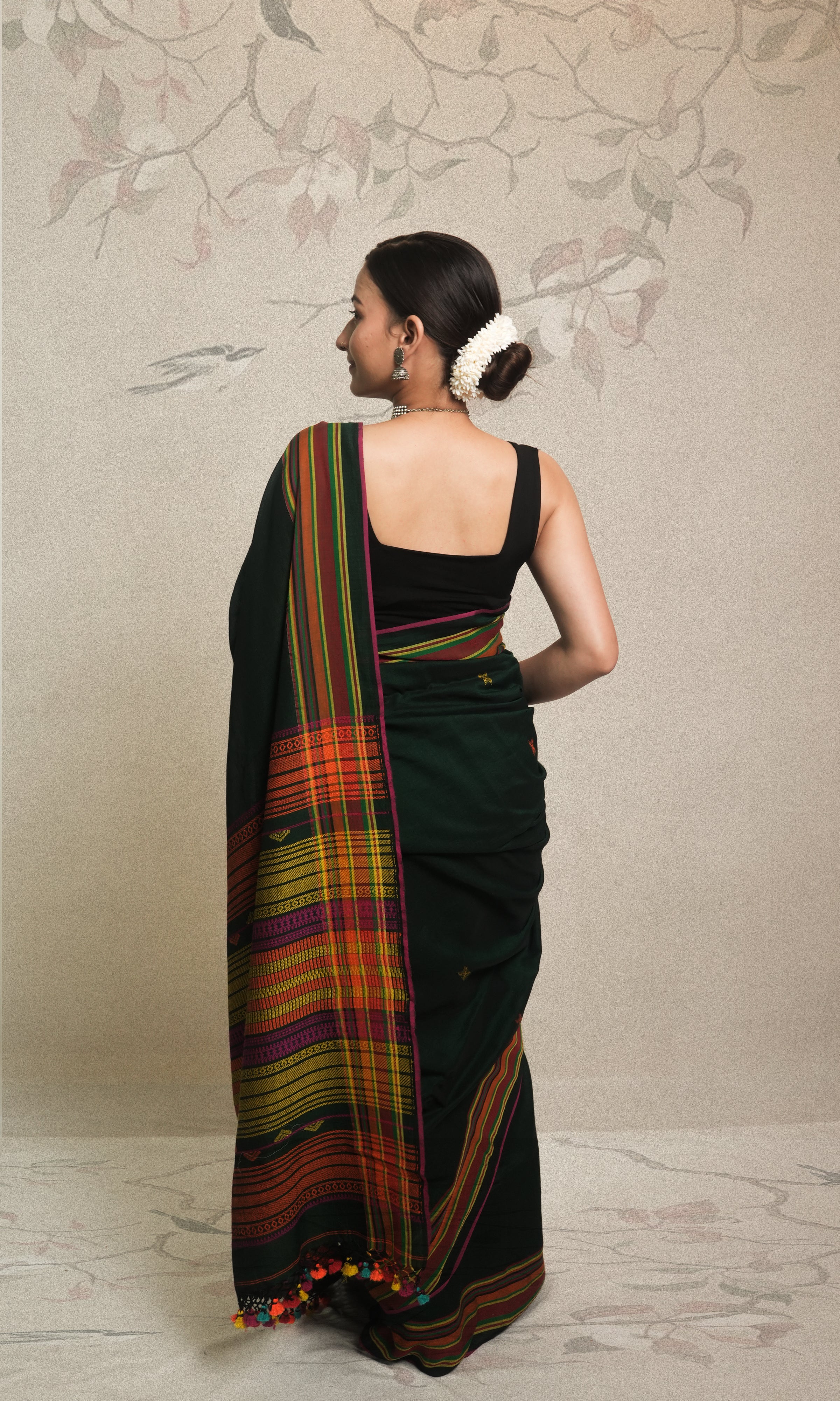 Green & Multicolored Stripes Bhujodi Pattern Weave Cotton Saree With Blouse Piece